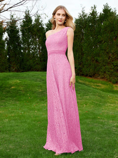 One Shoulder Floor Length Lace Bridesmaid Gown Candy Pink