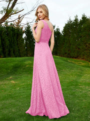 One Shoulder Floor Length Lace Bridesmaid Gown Candy Pink