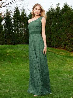 One Shoulder Floor Length Lace Bridesmaid Gown Dark Green