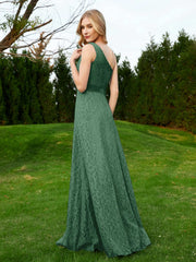 One Shoulder Floor Length Lace Bridesmaid Gown Dark Green