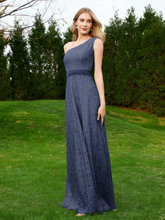 One Shoulder Floor Length Lace Bridesmaid Gown Dark Navy