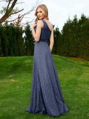 One Shoulder Floor Length Lace Bridesmaid Gown Dark Navy