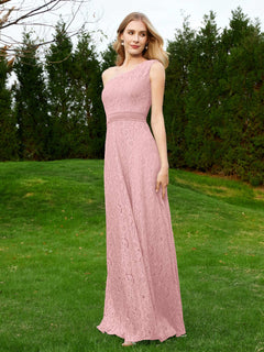 One Shoulder Floor Length Lace Bridesmaid Gown Dusty Rose