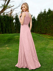One Shoulder Floor Length Lace Bridesmaid Gown Dusty Rose