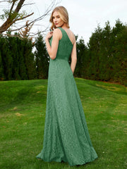 One Shoulder Floor Length Lace Bridesmaid Gown Emerald