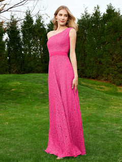 One Shoulder Floor Length Lace Bridesmaid Gown Fuchsia