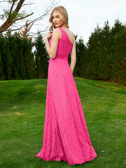 One Shoulder Floor Length Lace Bridesmaid Gown Fuchsia