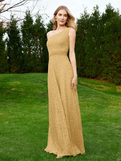 One Shoulder Floor Length Lace Bridesmaid Gown Gold