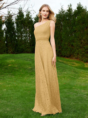 One Shoulder Floor Length Lace Bridesmaid Gown Gold