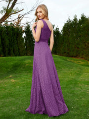 One Shoulder Floor Length Lace Bridesmaid Gown Grape