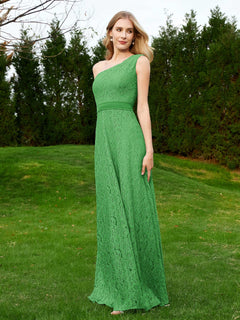 One Shoulder Floor Length Lace Bridesmaid Gown Green