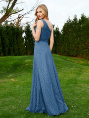 One Shoulder Floor Length Lace Bridesmaid Gown Ink Blue