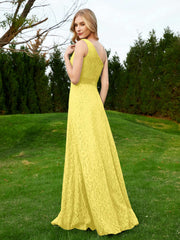 One Shoulder Floor Length Lace Bridesmaid Gown Lemon
