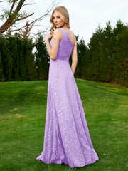 One Shoulder Floor Length Lace Bridesmaid Gown Lilac Plus Size