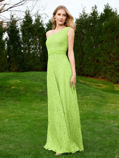 One Shoulder Floor Length Lace Bridesmaid Gown Lime Green