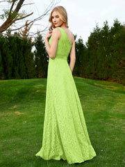 One Shoulder Floor Length Lace Bridesmaid Gown Lime Green