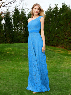 One Shoulder Floor Length Lace Bridesmaid Gown Ocean Blue