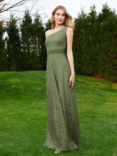 One Shoulder Floor Length Lace Bridesmaid Gown Olive Green