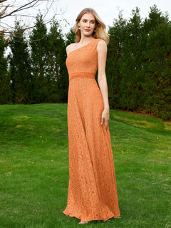 One Shoulder Floor Length Lace Bridesmaid Gown Orange