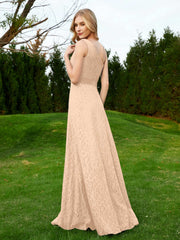 One Shoulder Floor Length Lace Bridesmaid Gown Peach