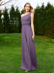 One Shoulder Floor Length Lace Bridesmaid Gown Plum
