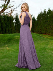 One Shoulder Floor Length Lace Bridesmaid Gown Plum