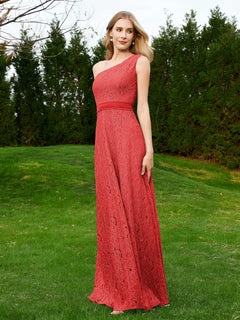 One Shoulder Floor Length Lace Bridesmaid Gown Red