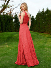 One Shoulder Floor Length Lace Bridesmaid Gown Red