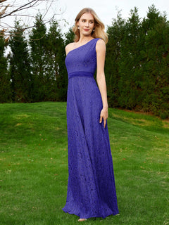 One Shoulder Floor Length Lace Bridesmaid Gown Royal Blue