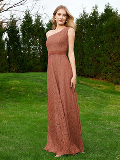 One Shoulder Floor Length Lace Bridesmaid Gown Rust