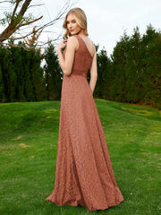 One Shoulder Floor Length Lace Bridesmaid Gown Rust