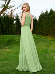 One Shoulder Floor Length Lace Bridesmaid Gown Sage