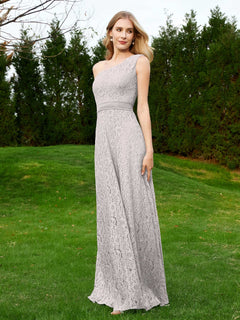 One Shoulder Floor Length Lace Bridesmaid Gown Silver