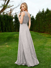 One Shoulder Floor Length Lace Bridesmaid Gown Silver
