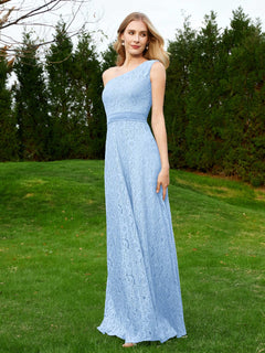 One Shoulder Floor Length Lace Bridesmaid Gown Sky Blue