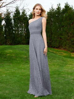 One Shoulder Floor Length Lace Bridesmaid Gown Steel Grey