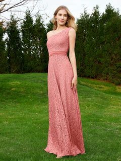 One Shoulder Floor Length Lace Bridesmaid Gown Sunset