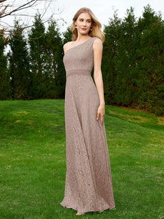 One Shoulder Floor Length Lace Bridesmaid Gown Taupe