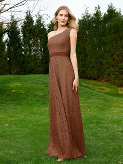 One Shoulder Floor Length Lace Bridesmaid Gown Terracotta