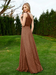 One Shoulder Floor Length Lace Bridesmaid Gown Terracotta