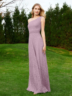 One Shoulder Floor Length Lace Bridesmaid Gown Vintage Mauve