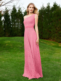 One Shoulder Floor Length Lace Bridesmaid Gown Watermelon