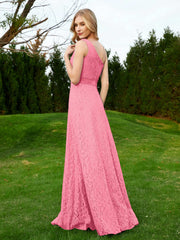 One Shoulder Floor Length Lace Bridesmaid Gown Watermelon