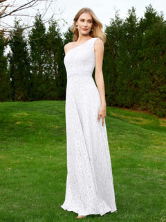 One Shoulder Floor Length Lace Bridesmaid Gown White