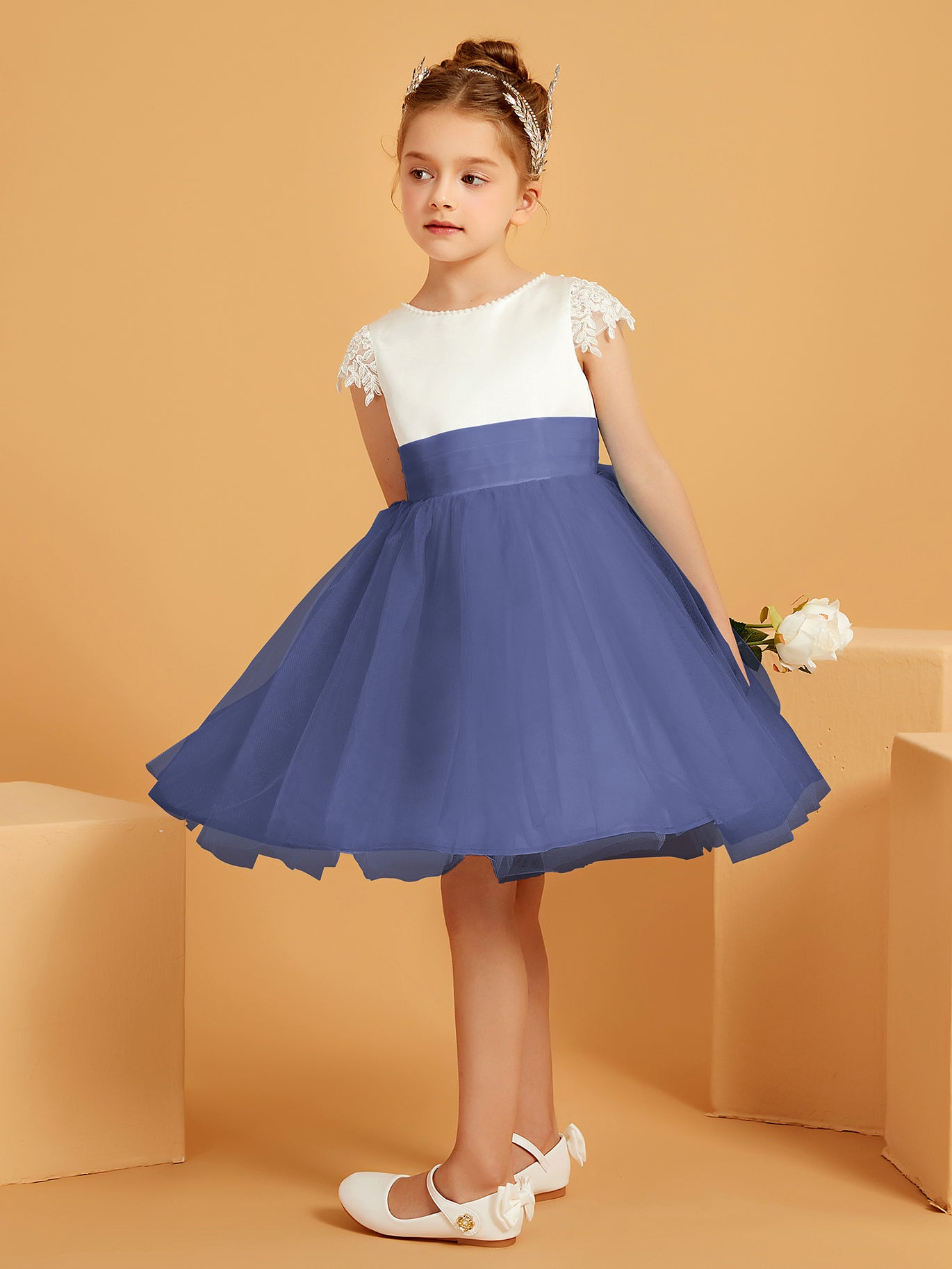 A-line Scoop Knee-Length Satin/Tulle Flower Girl Dress Periwinkle – BABARONI