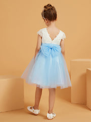 A-line Scoop Knee-Length Satin/Tulle Flower Girl Dress Sky Blue