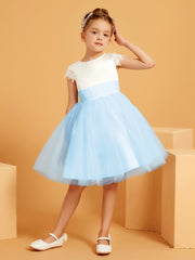 A-line Scoop Knee-Length Satin/Tulle Flower Girl Dress Sky Blue