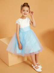 A-line Scoop Knee-Length Satin/Tulle Flower Girl Dress Sky Blue