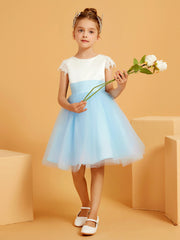 A-line Scoop Knee-Length Satin/Tulle Flower Girl Dress Sky Blue