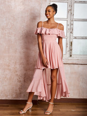 Flutter Sleeves Pleated Off-The-Shoulder Tea-Length Dresses Dusty Rose